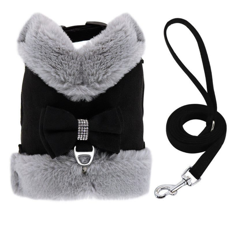 Cute Warm Small Dog Harness And Leash Set With Bow Tie, Soft Padded Puppy Harness With Removable Fur Collar, Adjustable Girl Dog Harness With Quick Release Buckles