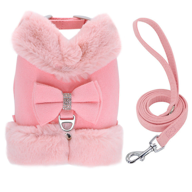 Cute Warm Small Dog Harness And Leash Set With Bow Tie, Soft Padded Puppy Harness With Removable Fur Collar, Adjustable Girl Dog Harness With Quick Release Buckles