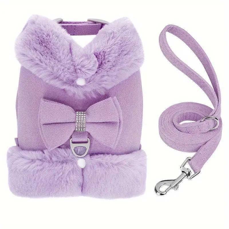 Cute Warm Small Dog Harness And Leash Set With Bow Tie, Soft Padded Puppy Harness With Removable Fur Collar, Adjustable Girl Dog Harness With Quick Release Buckles