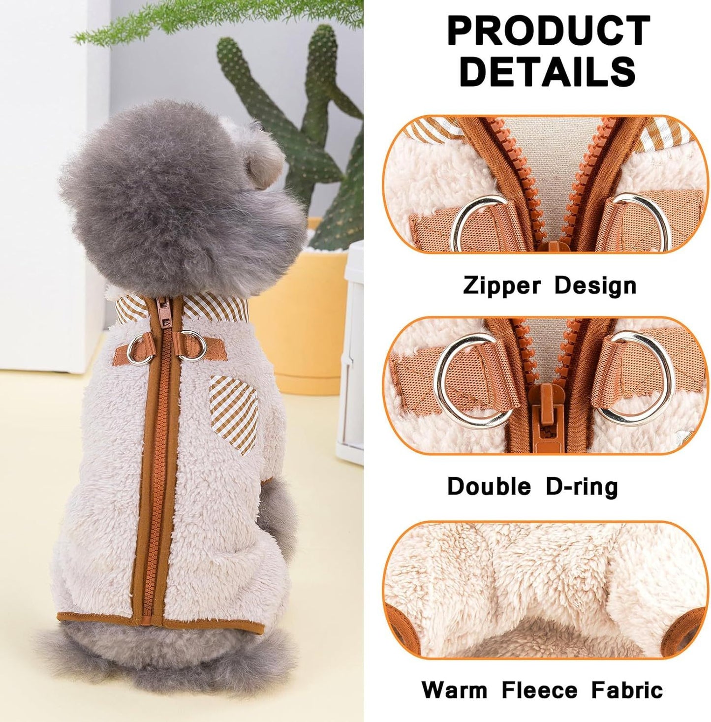 Plush Fleece Dog Coat For Small Dog With Double D-Ring Zipper On Back Pet Jumpsuit Puppy Pajamas Winter Fall Pjs Chihuahua Yorkie Thermal Clothes