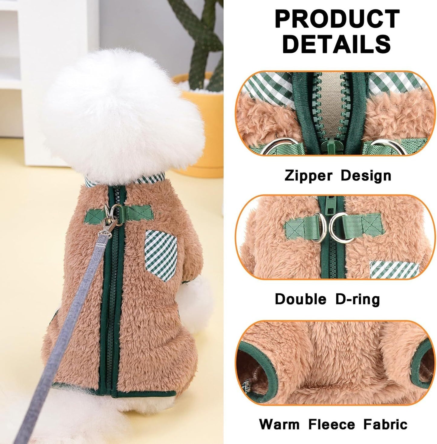 Plush Fleece Dog Coat For Small Dog With Double D-Ring Zipper On Back Pet Jumpsuit Puppy Pajamas Winter Fall Pjs Chihuahua Yorkie Thermal Clothes