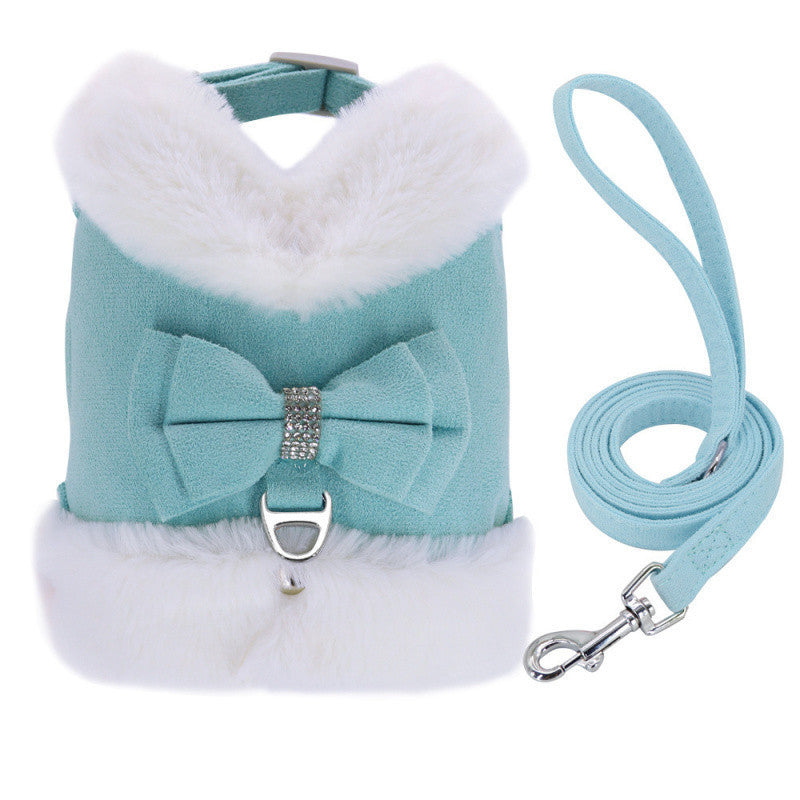 Cute Warm Small Dog Harness And Leash Set With Bow Tie, Soft Padded Puppy Harness With Removable Fur Collar, Adjustable Girl Dog Harness With Quick Release Buckles